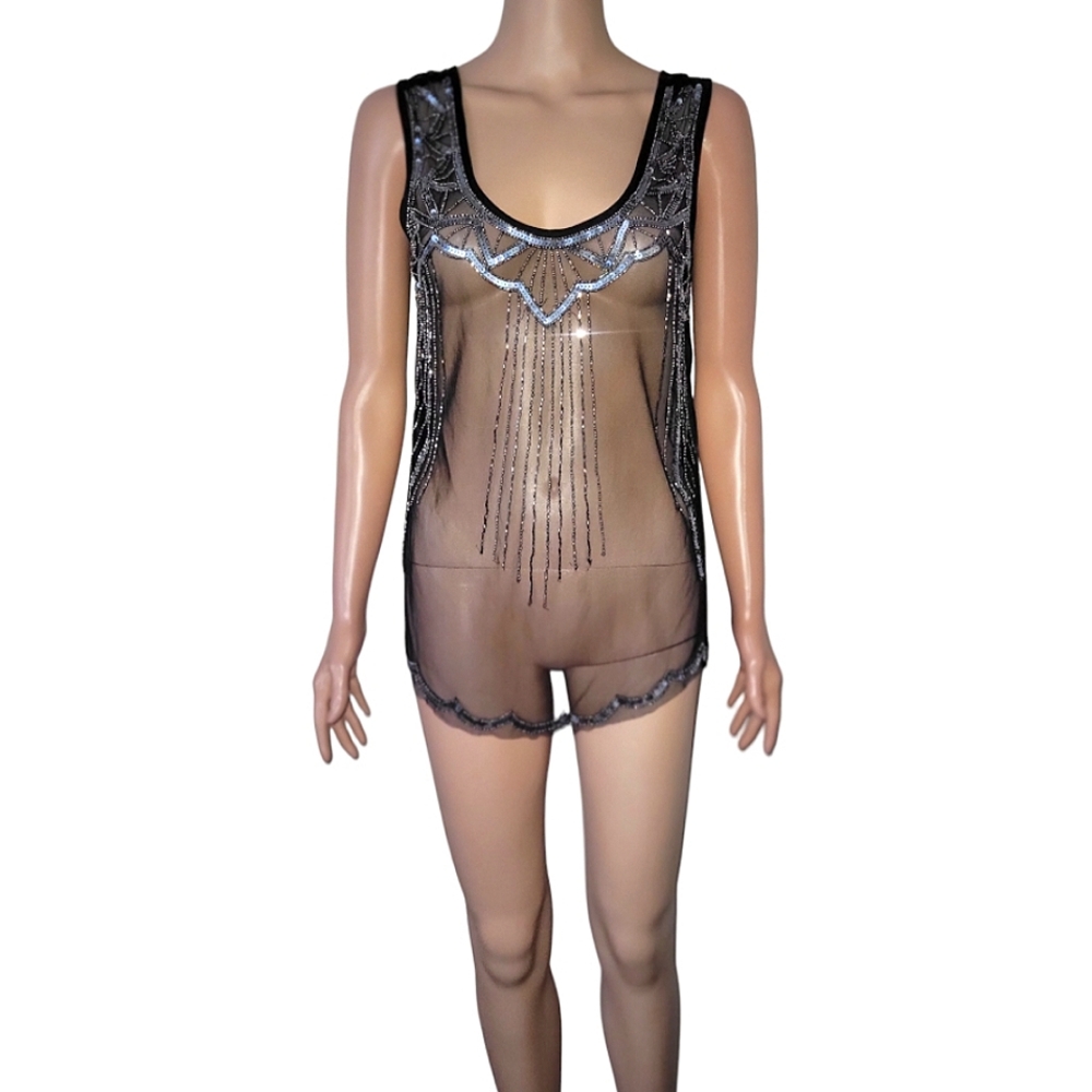 Black and silver sheer tank top blouse